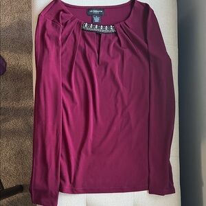 Liz Claiborne Women's Burgundy Blouse with Embellished Neckline